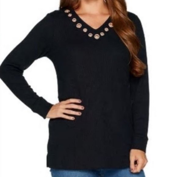 Quacker Factory Tops - Quacker Factory Grommet Long Sleeve Tunic Top 3559